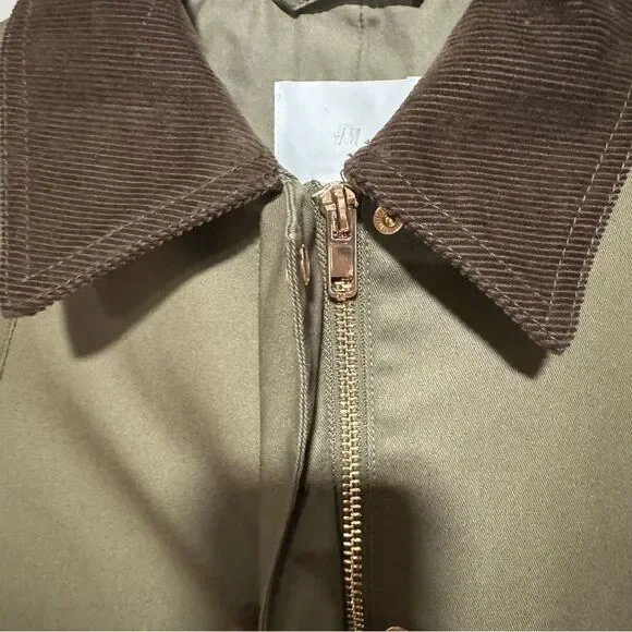 H&M Olive army Green oversized barn jacket corduroy collar - Picture 7 of 10